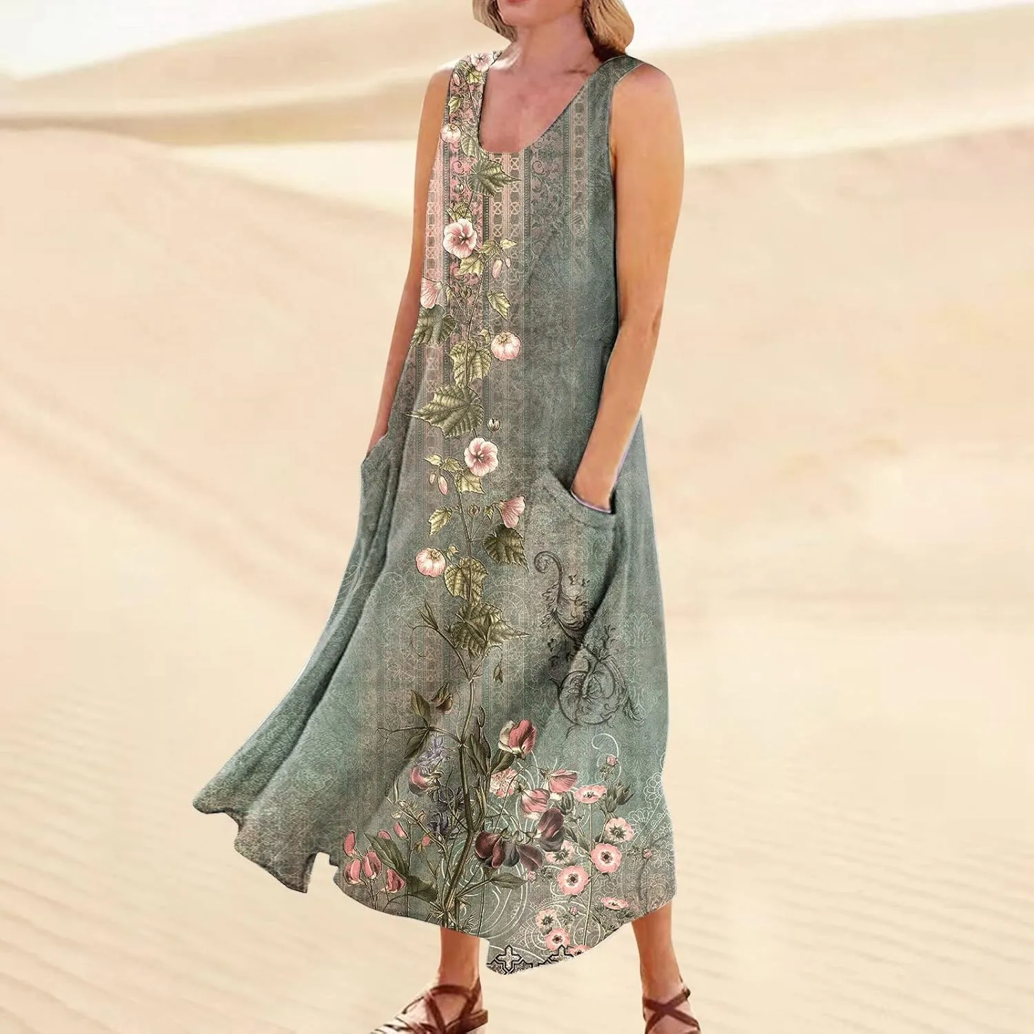 Womens Summer Dresses Beach Long Dress Sleeveless Elegant Flowy Dresses Plus Size Loose Dress with Pockets