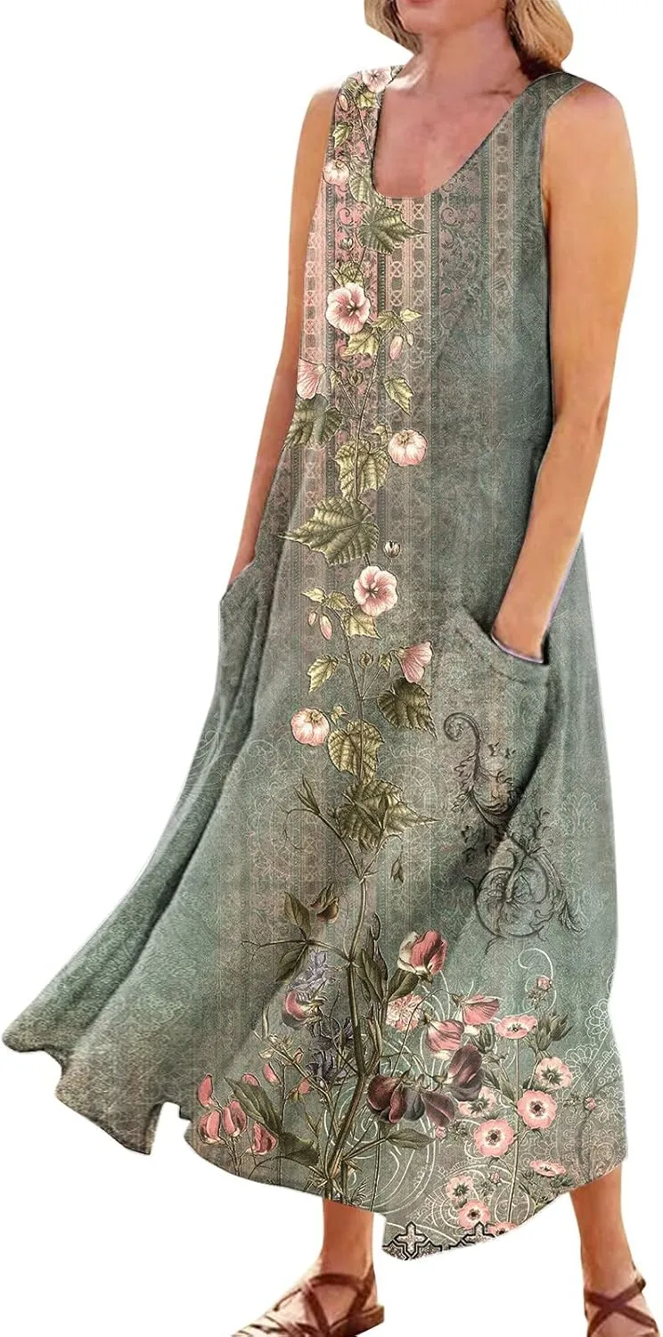 Womens Summer Dresses Beach Long Dress Sleeveless Elegant Flowy Dresses Plus Size Loose Dress with Pockets