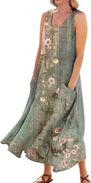 Womens Summer Dresses Beach Long Dress Sleeveless Elegant Flowy Dresses Plus Size Loose Dress with Pockets