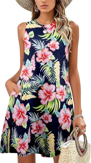 Women's Summer Dresses Beach Sundresses: Floral Sleeveless Tank Dress Hawaiian Tropical Casual Sun Dresses with Pocket