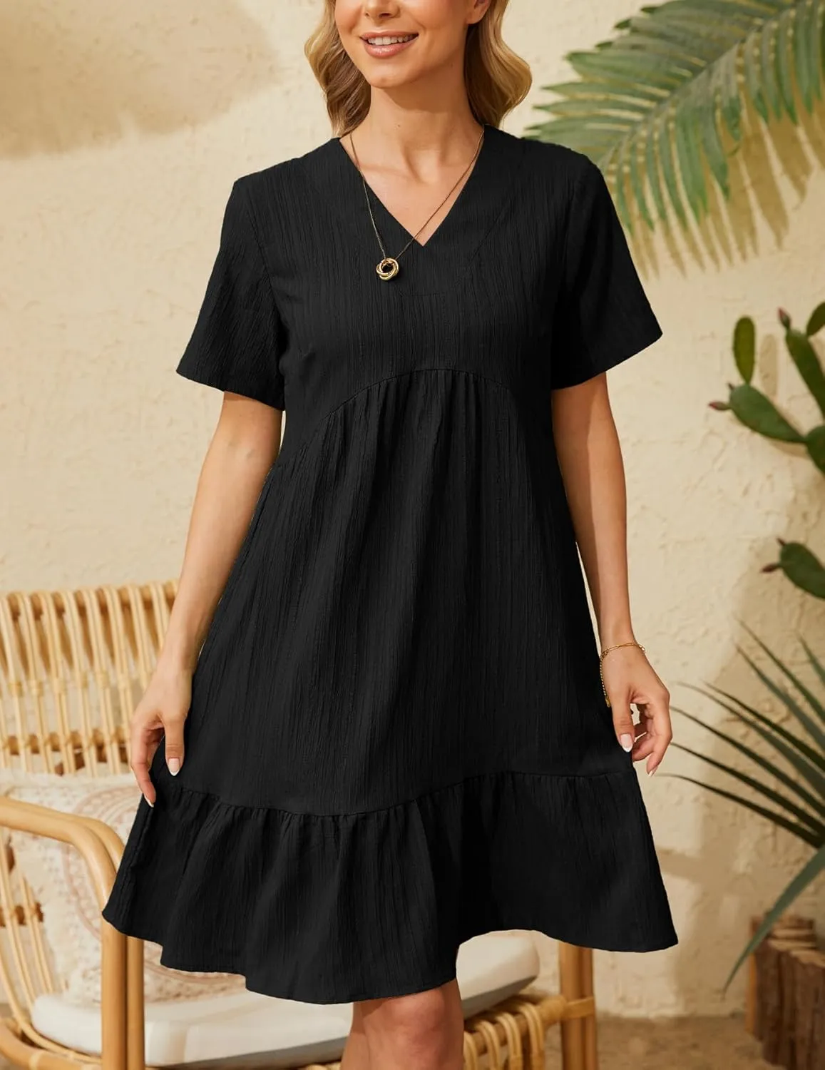 Women's Summer Dresses Casual Midi Swing Short Sleeve V Neck Tiered A Line Flowy Beach Dress Sundress 2024