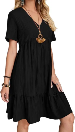 Women's Summer Dresses Casual Midi Swing Short Sleeve V Neck Tiered A Line Flowy Beach Dress Sundress 2024