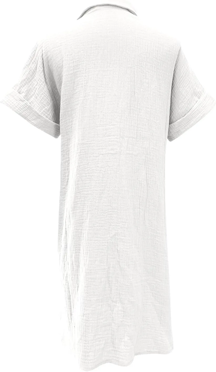 Womens Summer Dresses Casual Roll Up Short Sleeve Knee Length Cotton Linen Button Down Tunic Shirt Dress with Pockets