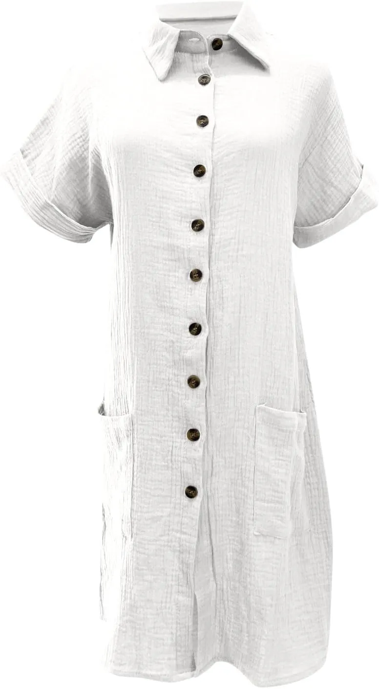 Womens Summer Dresses Casual Roll Up Short Sleeve Knee Length Cotton Linen Button Down Tunic Shirt Dress with Pockets