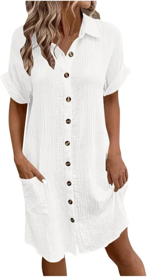 Womens Summer Dresses Casual Roll Up Short Sleeve Knee Length Cotton Linen Button Down Tunic Shirt Dress with Pockets