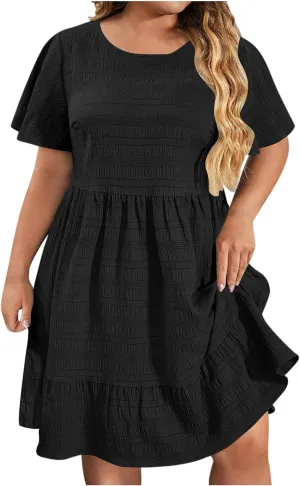 Womens Summer Dresses Fashion Plus Size Ruffle Short Sleeve Crewneck Midi Dress Casual Party Beach Vacation Dresses