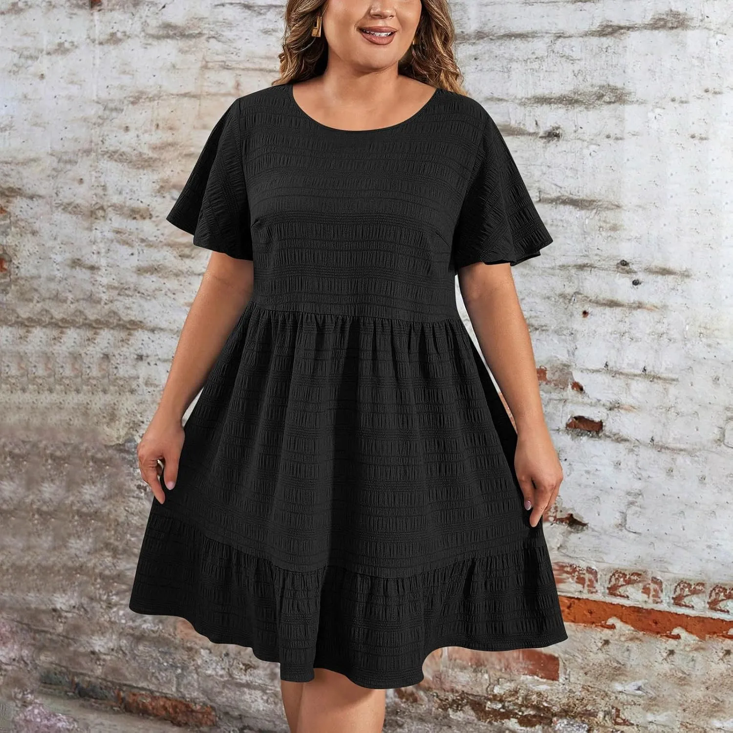 Womens Summer Dresses Fashion Plus Size Ruffle Short Sleeve Crewneck Midi Dress Casual Party Beach Vacation Dresses