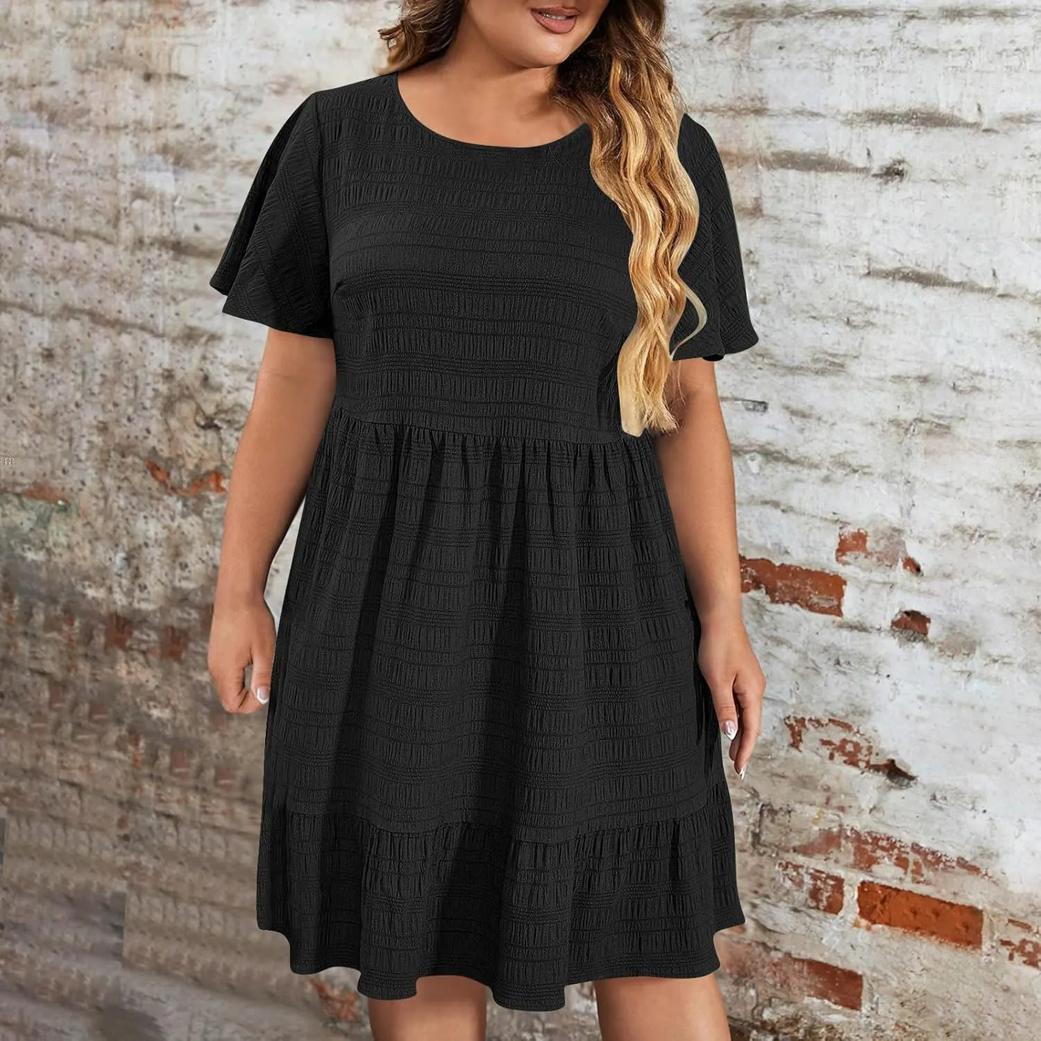 Womens Summer Dresses Fashion Plus Size Ruffle Short Sleeve Crewneck Midi Dress Casual Party Beach Vacation Dresses