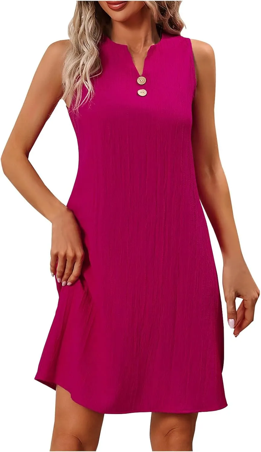 Womens Summer Dresses for Island Vacation 2025 Sleeveless v Neck Tunic Tshirt Dress Casual Beach Sundress