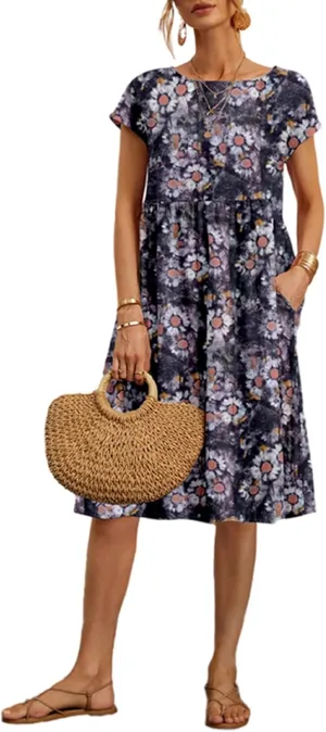 Women's Summer Dresses Midi Casual Cap Sleeve Crewneck A Line Swing Flowy Beach Sundress with Pockets