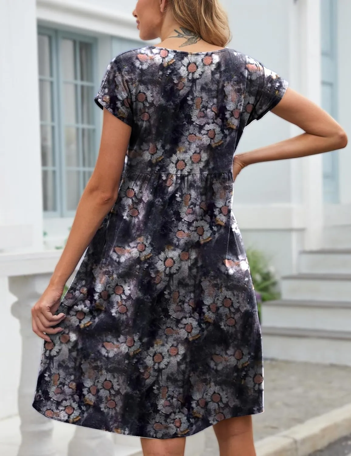 Women's Summer Dresses Midi Casual Cap Sleeve Crewneck A Line Swing Flowy Beach Sundress with Pockets