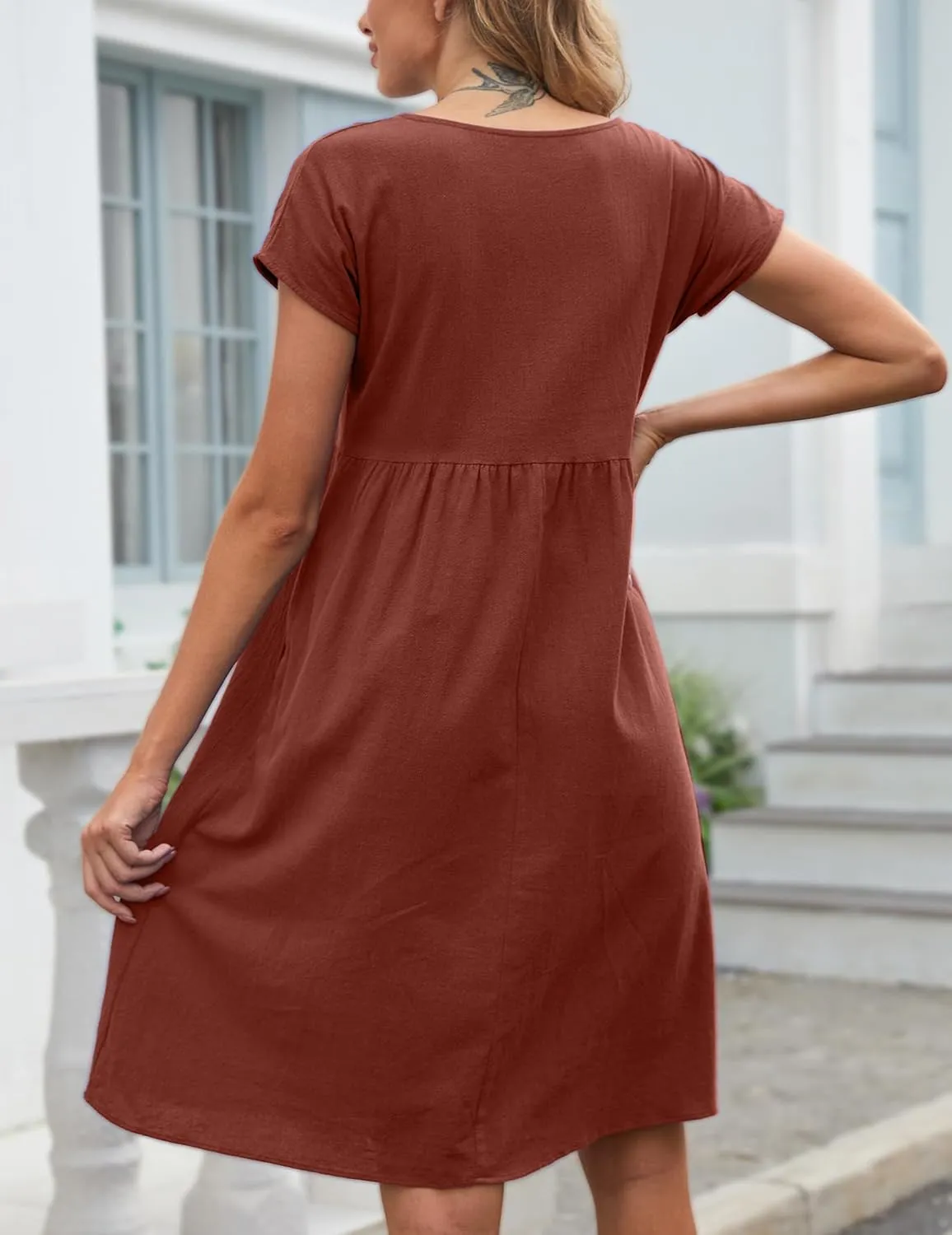 Women's Summer Dresses Midi Casual Cap Sleeve Crewneck A Line Swing Flowy Beach Sundress with Pockets