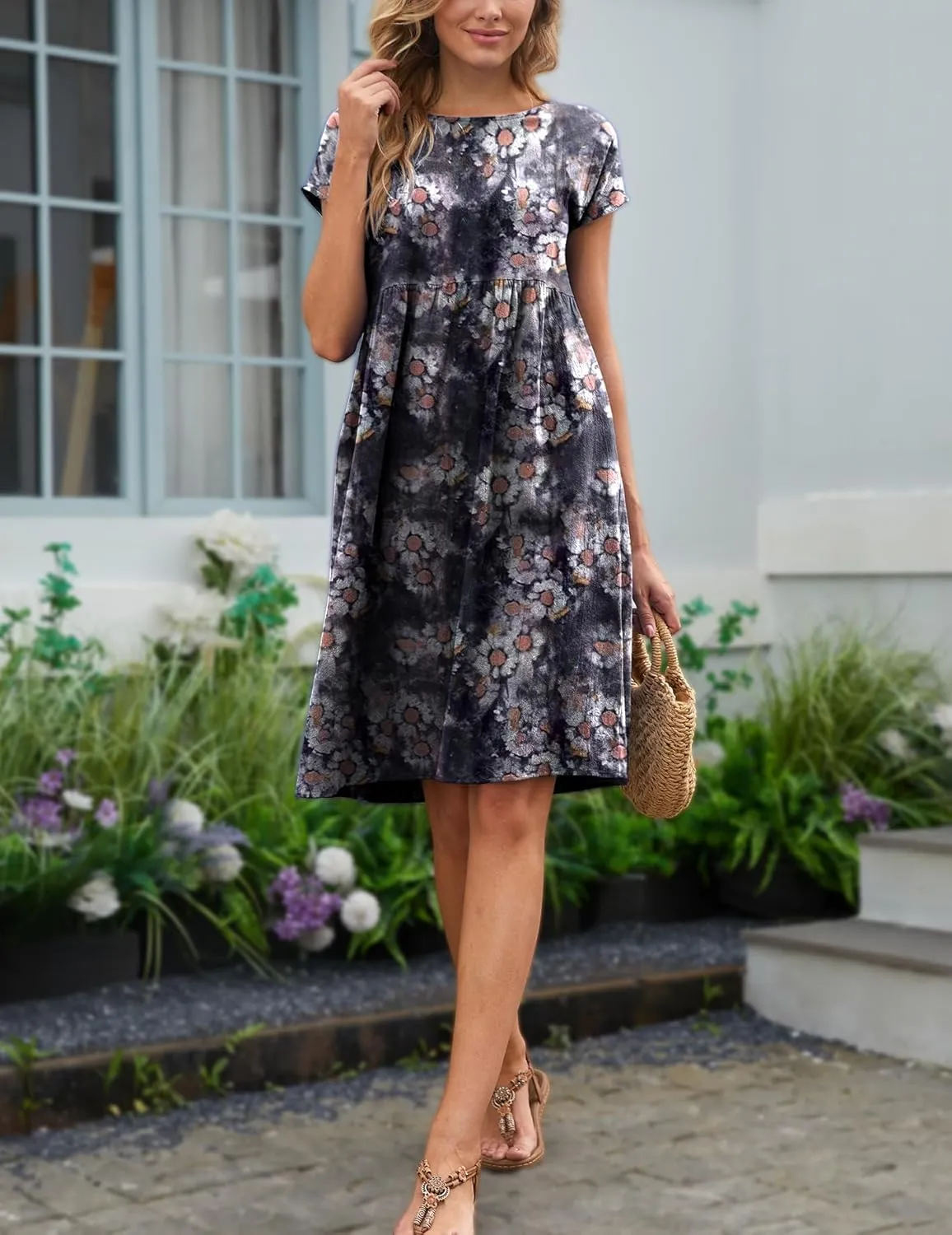 Women's Summer Dresses Midi Casual Cap Sleeve Crewneck A Line Swing Flowy Beach Sundress with Pockets