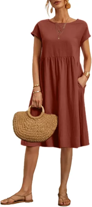 Women's Summer Dresses Midi Casual Cap Sleeve Crewneck A Line Swing Flowy Beach Sundress with Pockets