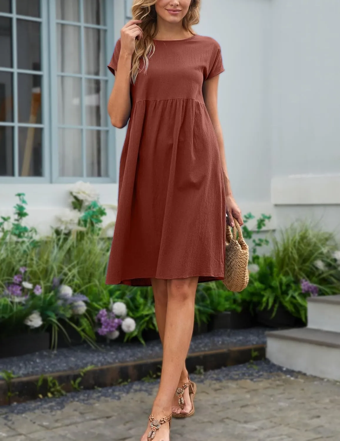 Women's Summer Dresses Midi Casual Cap Sleeve Crewneck A Line Swing Flowy Beach Sundress with Pockets