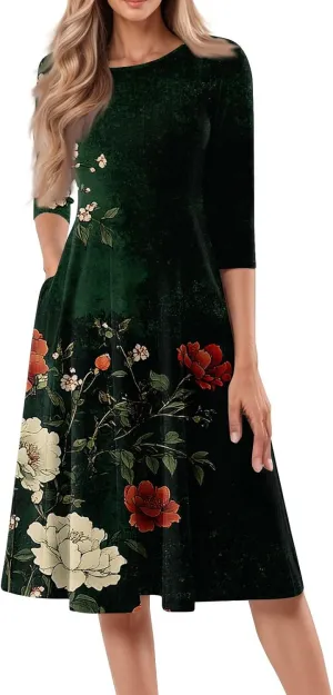 Womens Summer Dresses Summer Casual Beach Tshirt Dress Aline Flowy Midi Dresses Floral 3/4 Sleeve Dress with Pockets