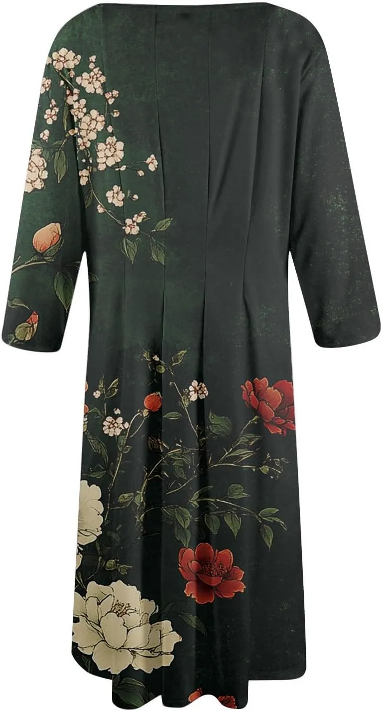 Womens Summer Dresses Summer Casual Beach Tshirt Dress Aline Flowy Midi Dresses Floral 3/4 Sleeve Dress with Pockets