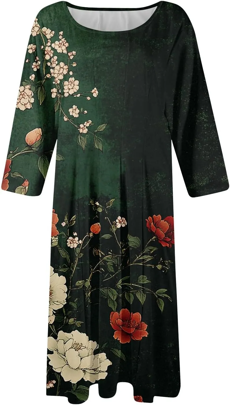 Womens Summer Dresses Summer Casual Beach Tshirt Dress Aline Flowy Midi Dresses Floral 3/4 Sleeve Dress with Pockets