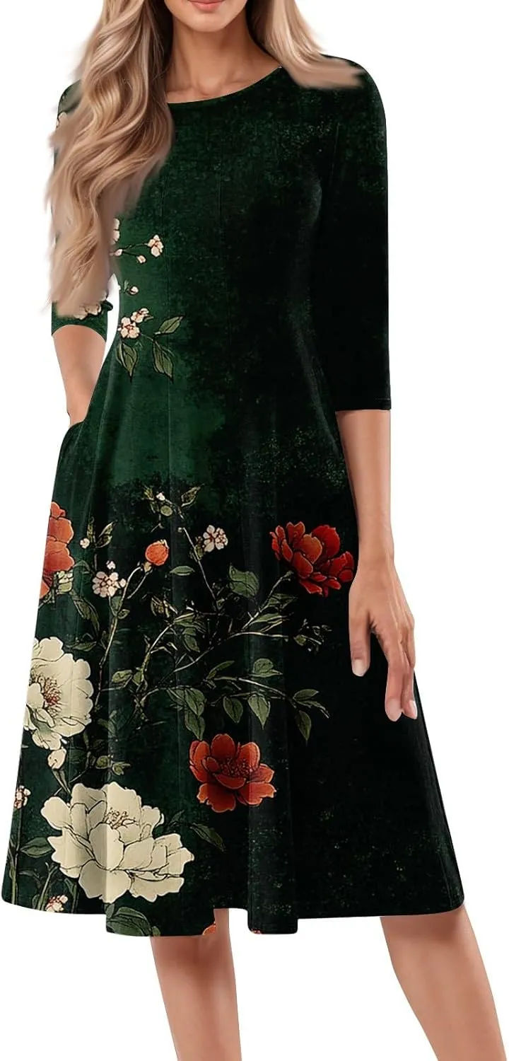 Womens Summer Dresses Summer Casual Beach Tshirt Dress Aline Flowy Midi Dresses Floral 3/4 Sleeve Dress with Pockets