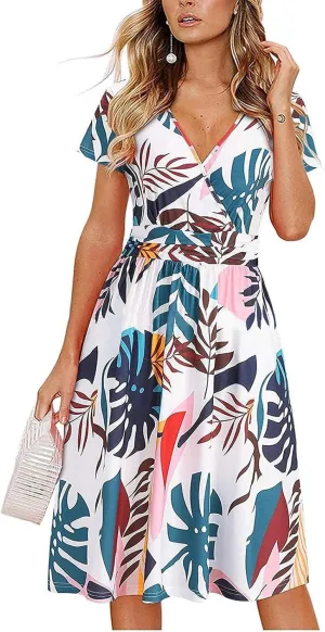 Women's Summer Floral Midi Dress Short Sleeve V-Neck Trendy Wrap Chiffon Dress Casual Swing Wedding Guest Outfit