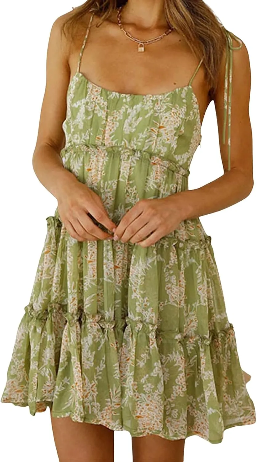 Women's Summer Floral Mini Dress Casual Boho Flowy Skater Dresses Short Sleeveless Ruffle Spaghetti Strap Dress 2024