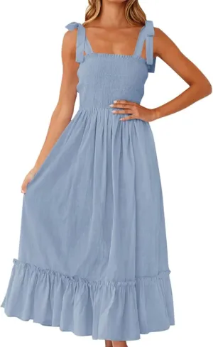 Women's Summer Maxi Dress Boho Spaghetti Straps Casual Long A-line Smocked Beach Square Neck Flowy Sundress