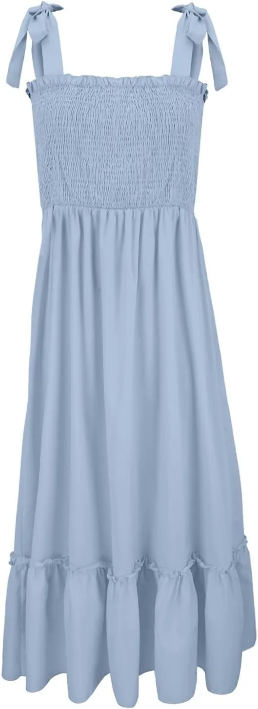 Women's Summer Maxi Dress Boho Spaghetti Straps Casual Long A-line Smocked Beach Square Neck Flowy Sundress