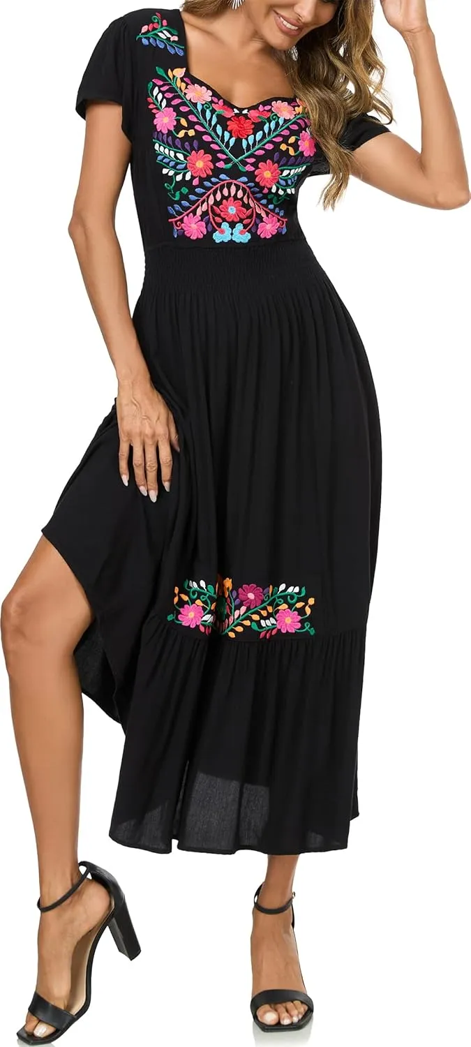 Women's Summer Maxi Dress Casual Floral Embroidered Round Neck Short Sleeve Ruffle Tiered Dress Flowy Boho Beach Sundress