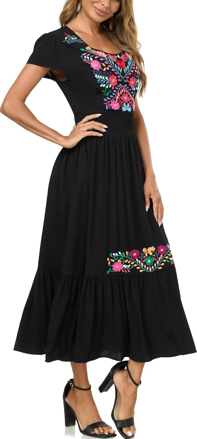 Women's Summer Maxi Dress Casual Floral Embroidered Round Neck Short Sleeve Ruffle Tiered Dress Flowy Boho Beach Sundress