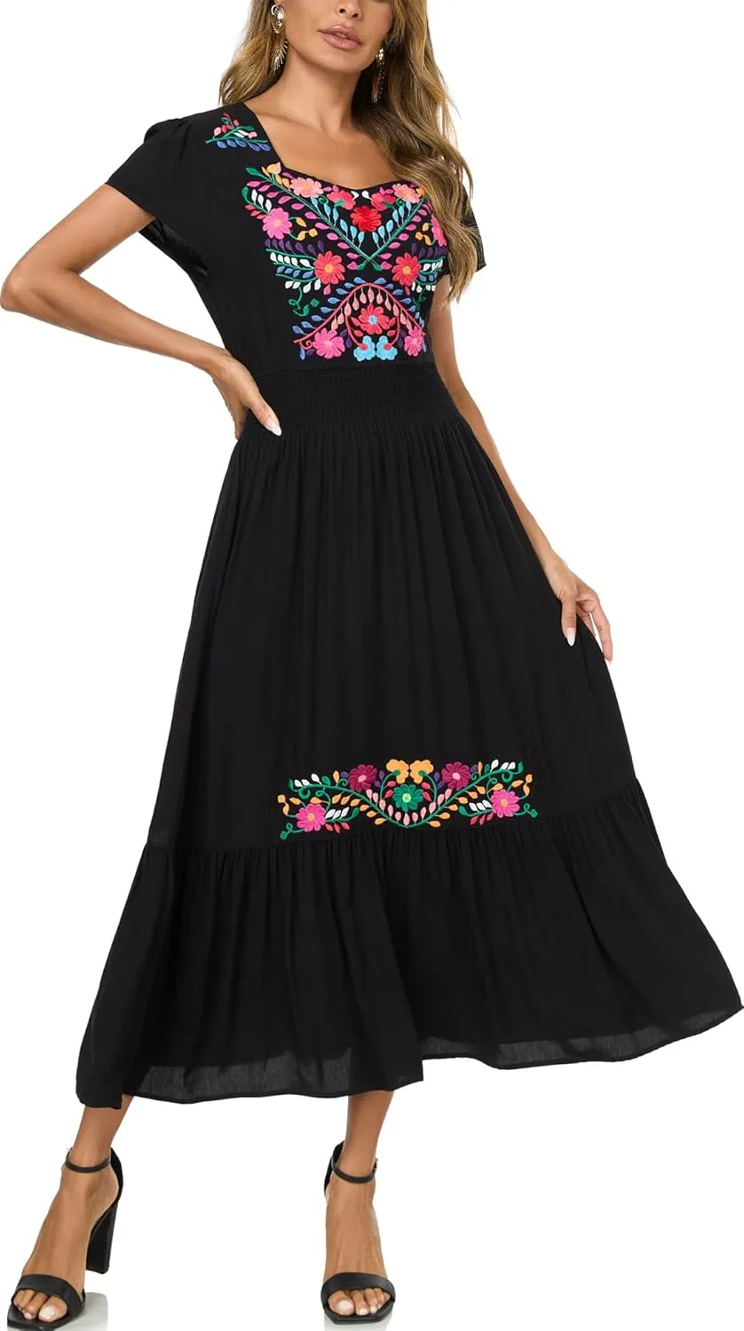 Women's Summer Maxi Dress Casual Floral Embroidered Round Neck Short Sleeve Ruffle Tiered Dress Flowy Boho Beach Sundress
