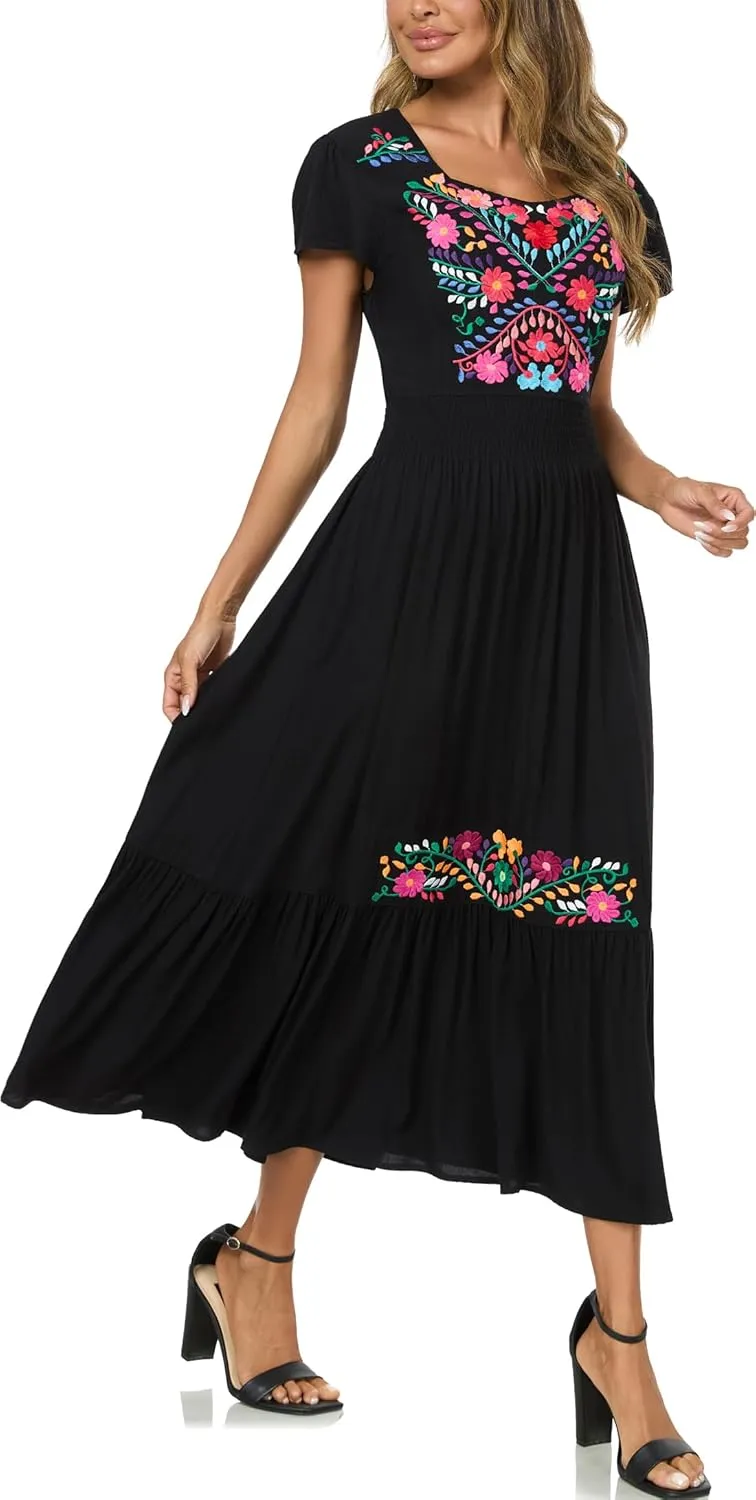 Women's Summer Maxi Dress Casual Floral Embroidered Round Neck Short Sleeve Ruffle Tiered Dress Flowy Boho Beach Sundress
