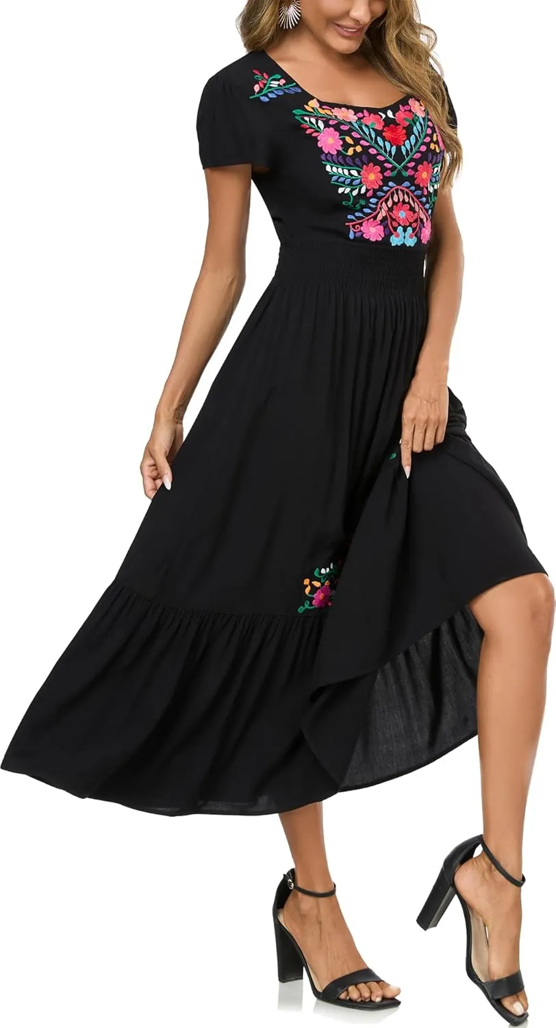 Women's Summer Maxi Dress Casual Floral Embroidered Round Neck Short Sleeve Ruffle Tiered Dress Flowy Boho Beach Sundress