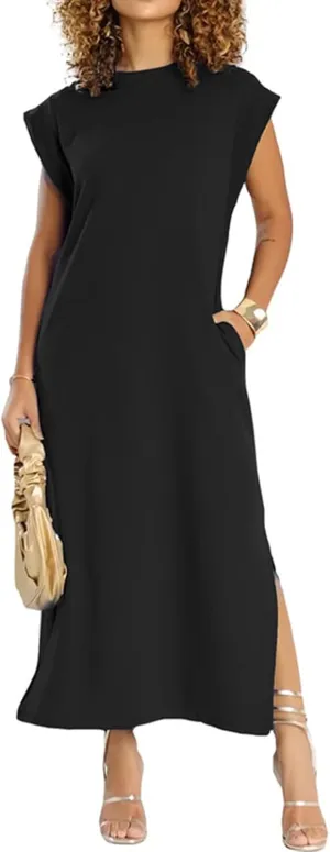 Women's Summer Maxi Dress Casual Round Neck Loose Slit Sundress Beach Vacation Long Dresses with Pockets for 2025