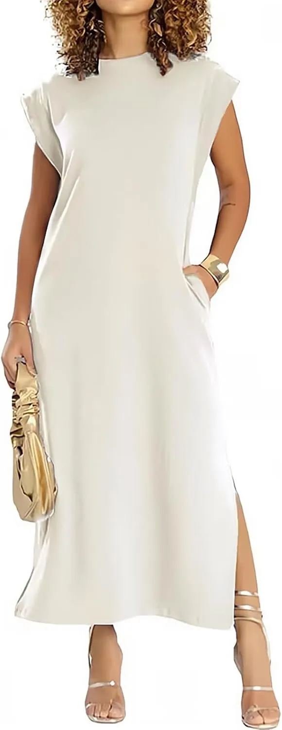 Women's Summer Maxi Dress Casual Round Neck Loose Slit Sundress Beach Vacation Long Dresses with Pockets for 2025