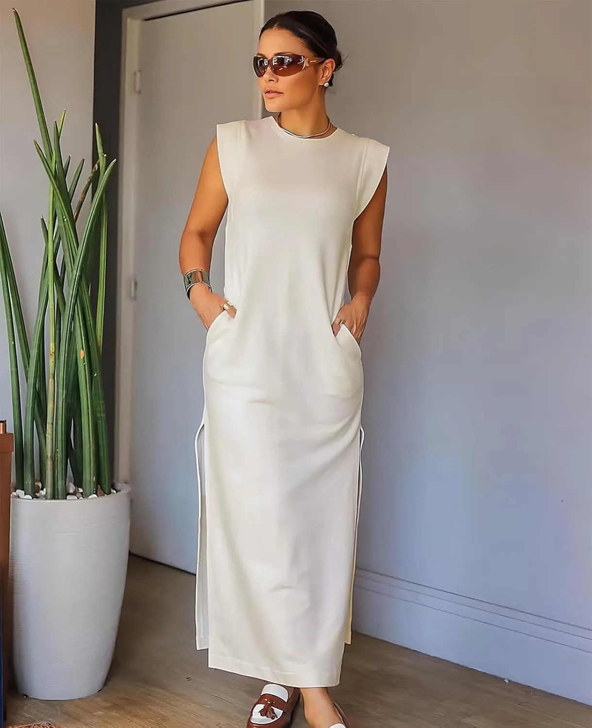 Women's Summer Maxi Dress Casual Round Neck Loose Slit Sundress Beach Vacation Long Dresses with Pockets for 2025