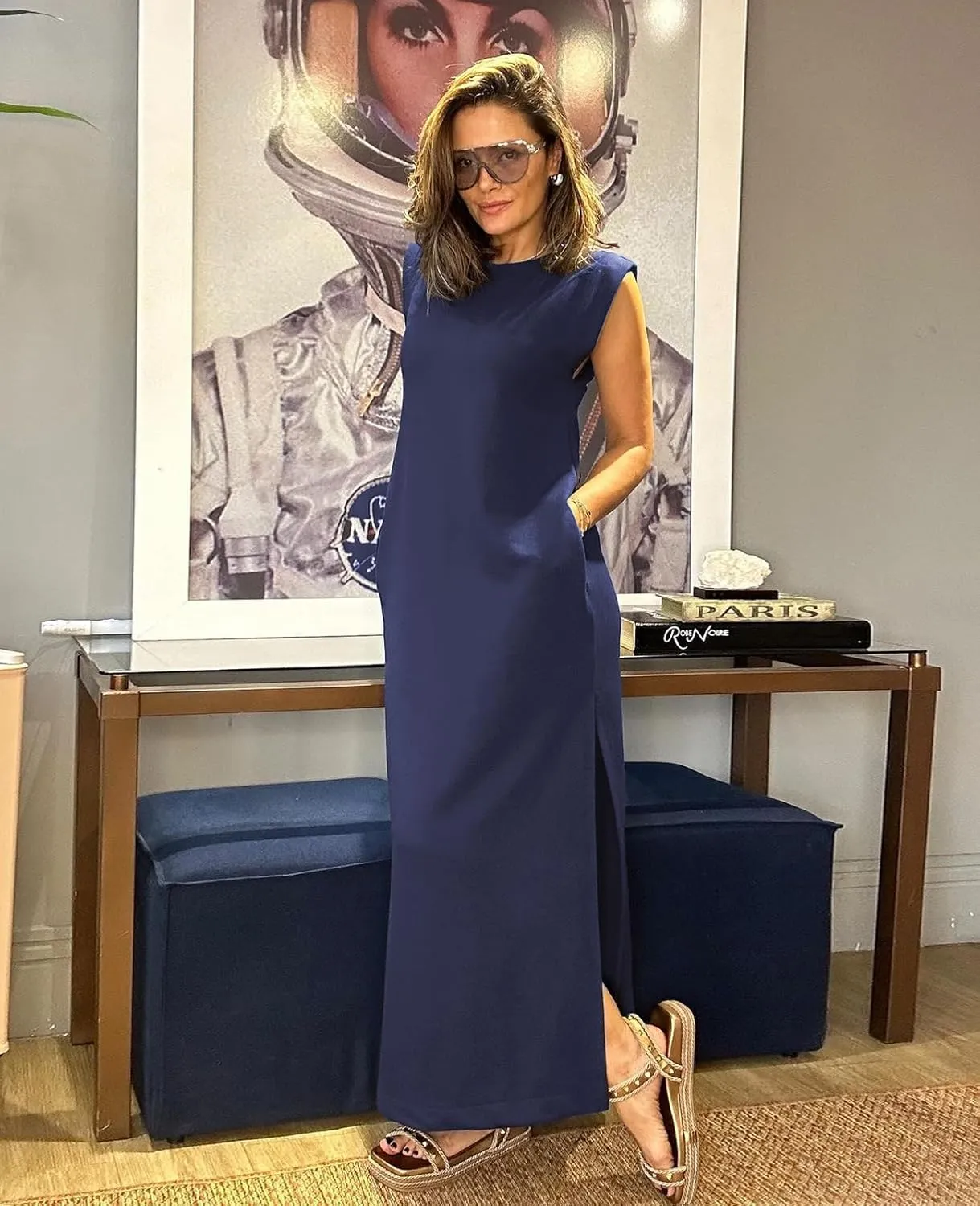 Women's Summer Maxi Dress Casual Round Neck Loose Slit Sundress Beach Vacation Long Dresses with Pockets for 2025