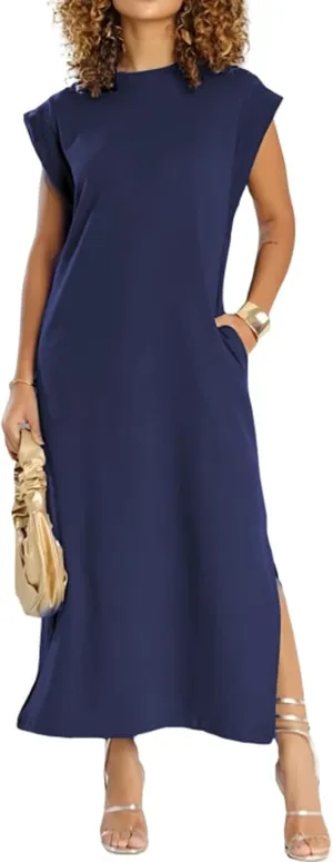 Women's Summer Maxi Dress Casual Round Neck Loose Slit Sundress Beach Vacation Long Dresses with Pockets for 2025
