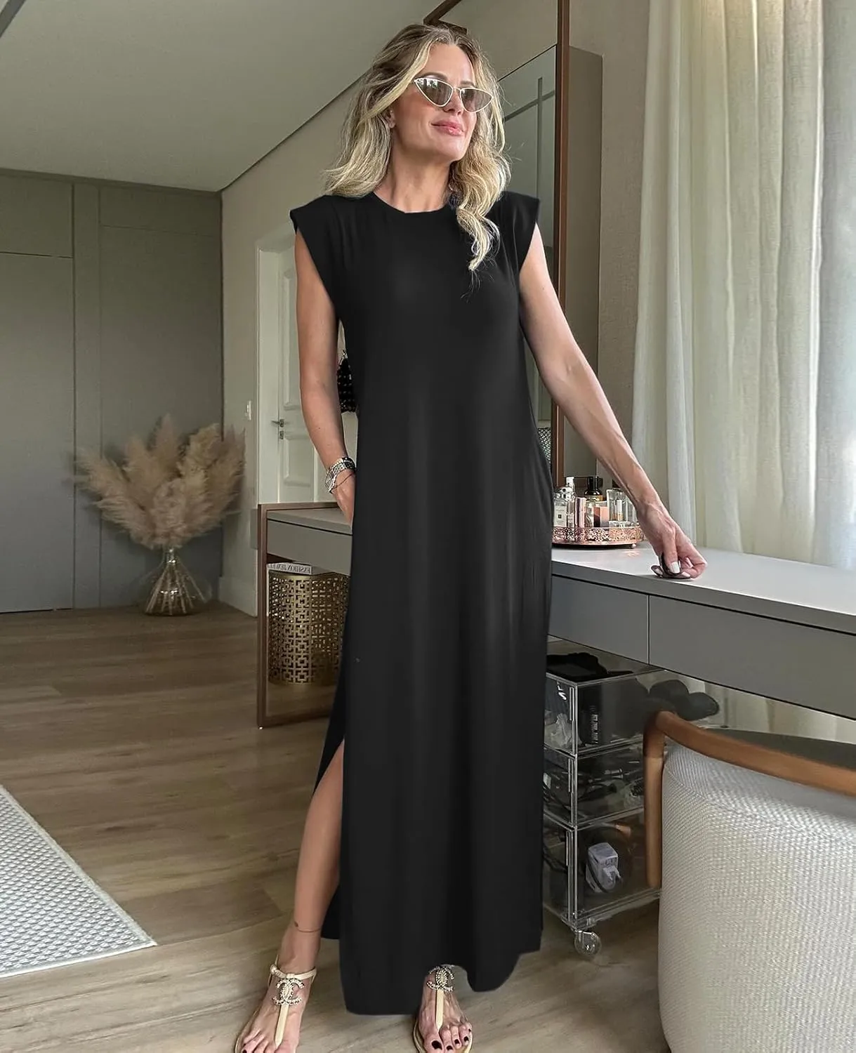 Women's Summer Maxi Dress Casual Round Neck Loose Slit Sundress Beach Vacation Long Dresses with Pockets for 2025