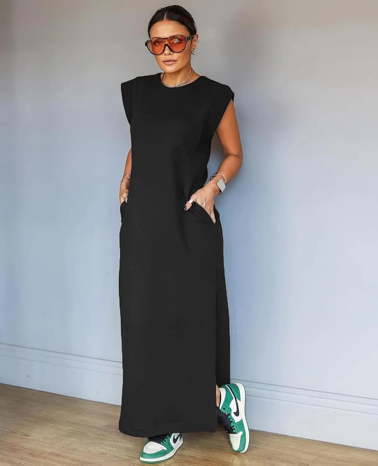 Women's Summer Maxi Dress Casual Round Neck Loose Slit Sundress Beach Vacation Long Dresses with Pockets for 2025