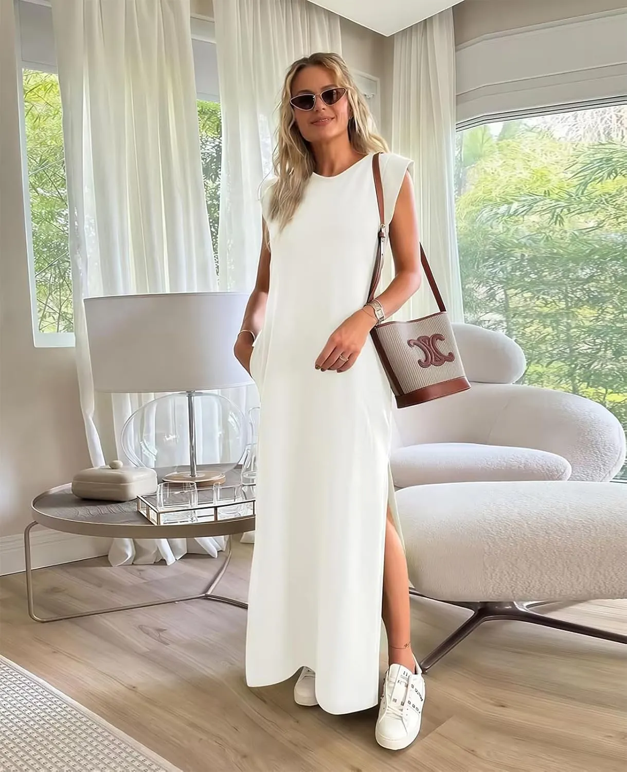Women's Summer Maxi Dress Casual Round Neck Loose Slit Sundress Beach Vacation Long Dresses with Pockets for 2025