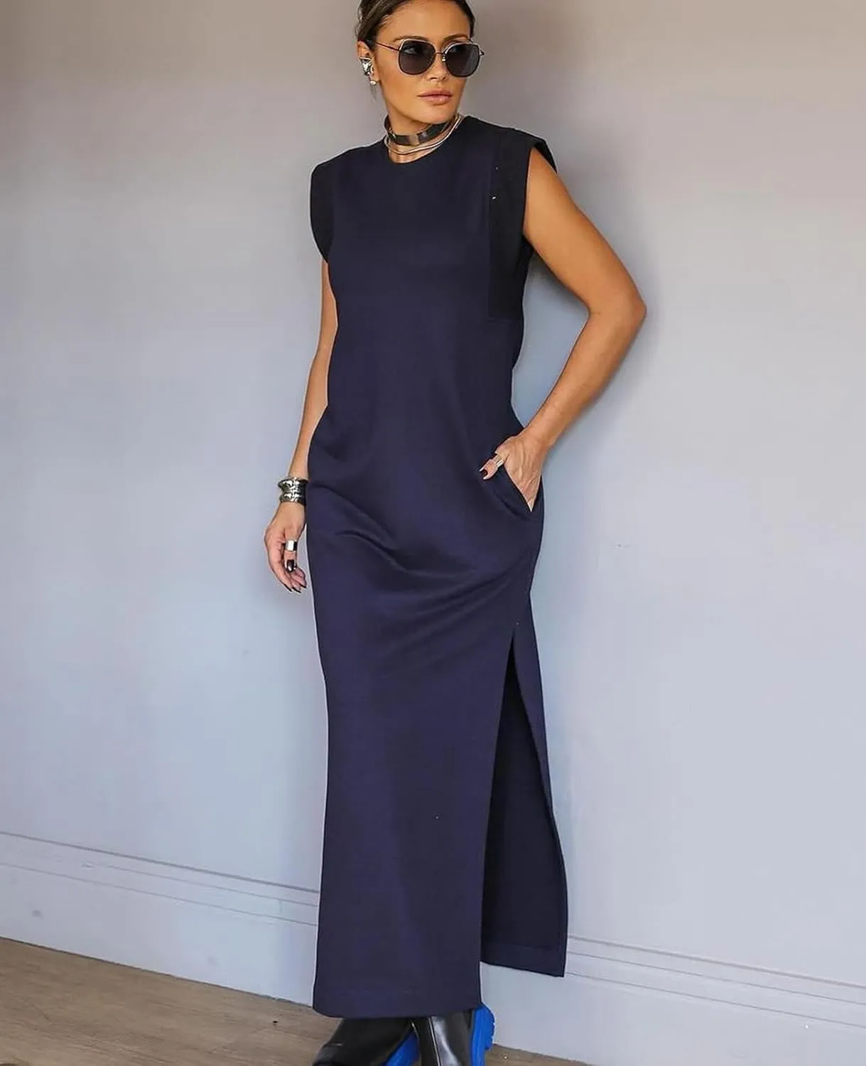 Women's Summer Maxi Dress Casual Round Neck Loose Slit Sundress Beach Vacation Long Dresses with Pockets for 2025