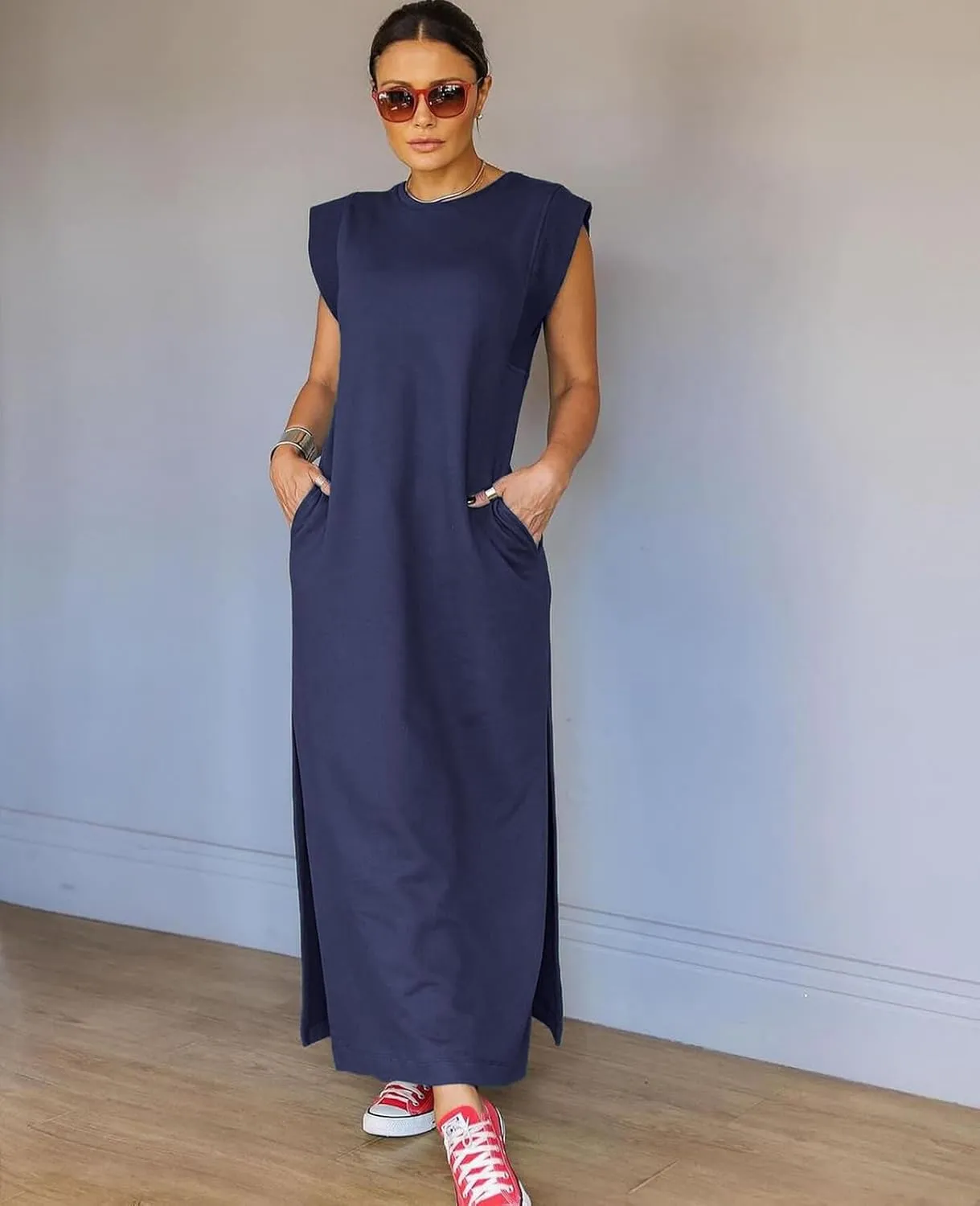 Women's Summer Maxi Dress Casual Round Neck Loose Slit Sundress Beach Vacation Long Dresses with Pockets for 2025