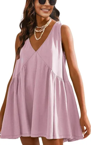 Womens Summer Mini Dress V Neck Sleeveless Tunic Beach Pleated Sundress with Pockets