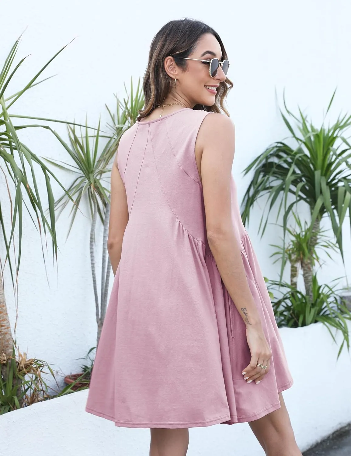 Womens Summer Mini Dress V Neck Sleeveless Tunic Beach Pleated Sundress with Pockets