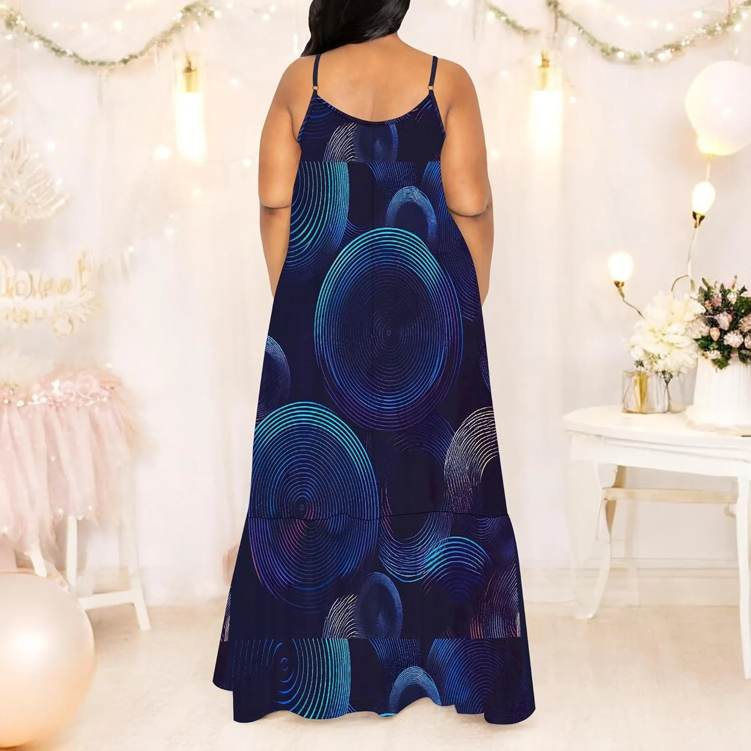 Women's Summer Plus Size Maxi Dress Long Casual Boho Sleeveless Spaghetti Strap Floral Print Beach Flowy Sun Dresses