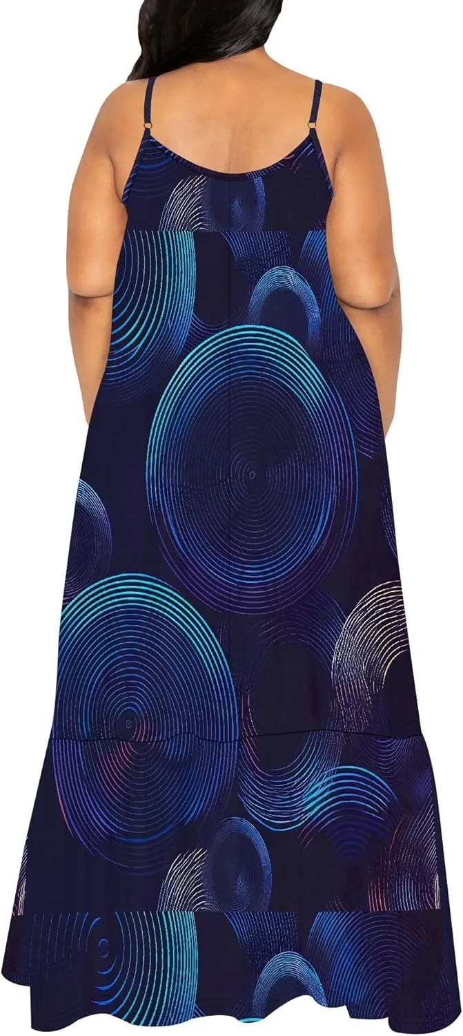 Women's Summer Plus Size Maxi Dress Long Casual Boho Sleeveless Spaghetti Strap Floral Print Beach Flowy Sun Dresses