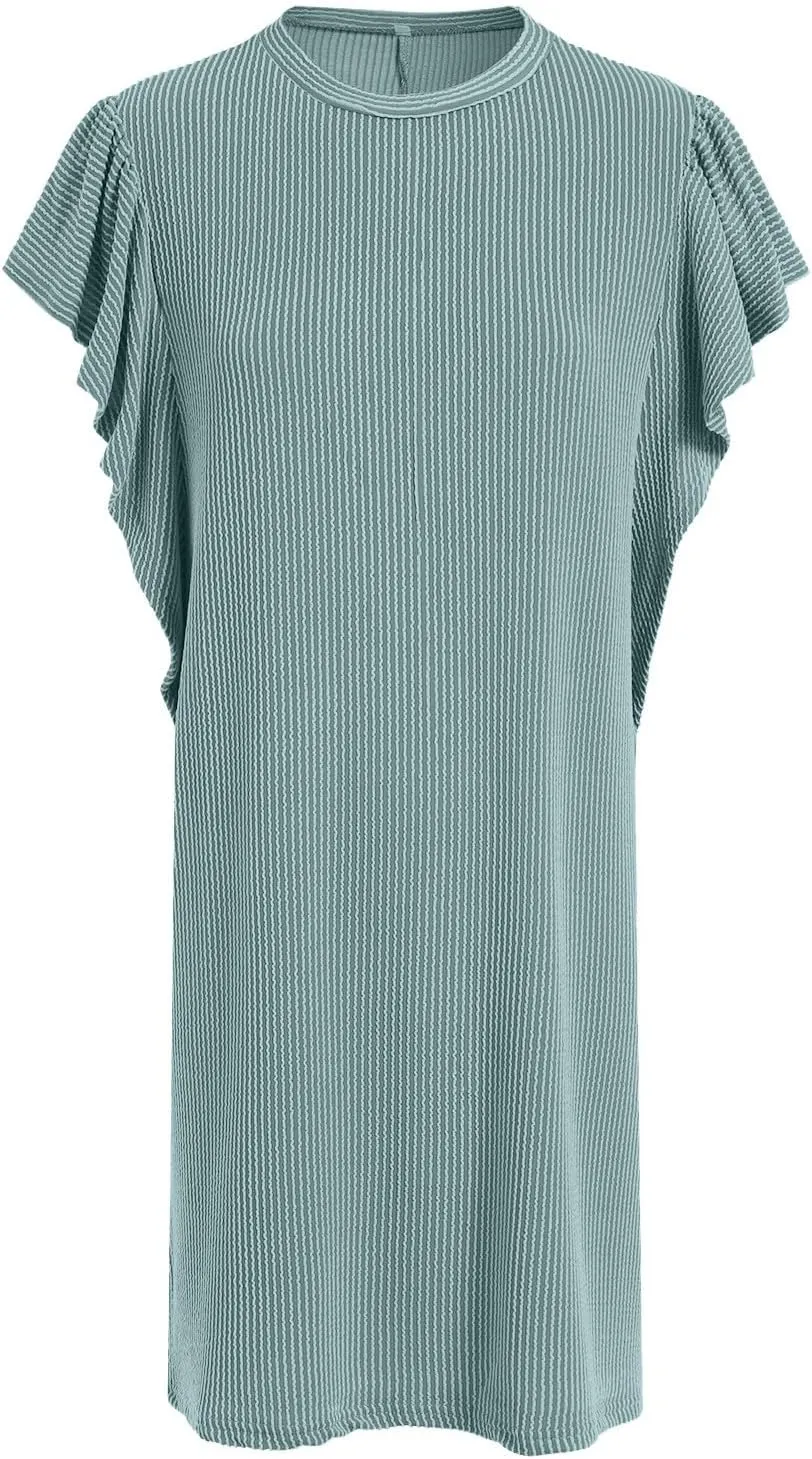 Womens Summer Ruffle Sleeve Mini Dress Crew Neck A Line Lightweight Soft Solid Casual Baby Dolls Short Dresses