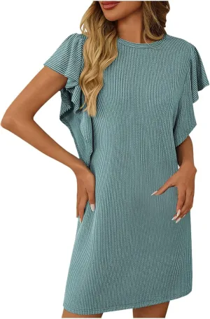 Womens Summer Ruffle Sleeve Mini Dress Crew Neck A Line Lightweight Soft Solid Casual Baby Dolls Short Dresses