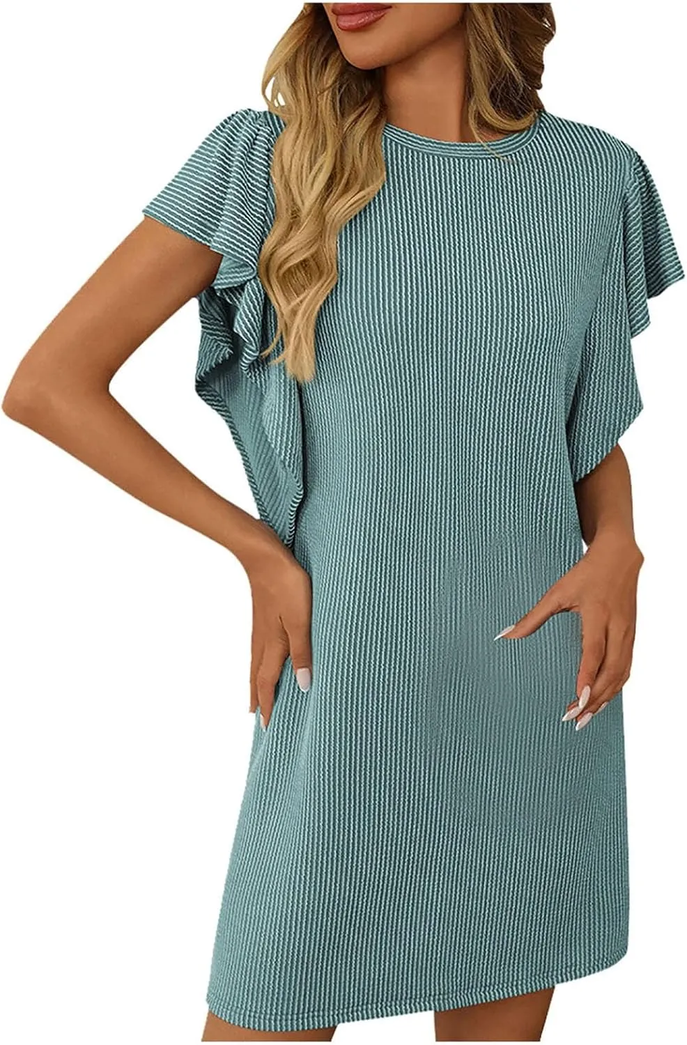Womens Summer Ruffle Sleeve Mini Dress Crew Neck A Line Lightweight Soft Solid Casual Baby Dolls Short Dresses