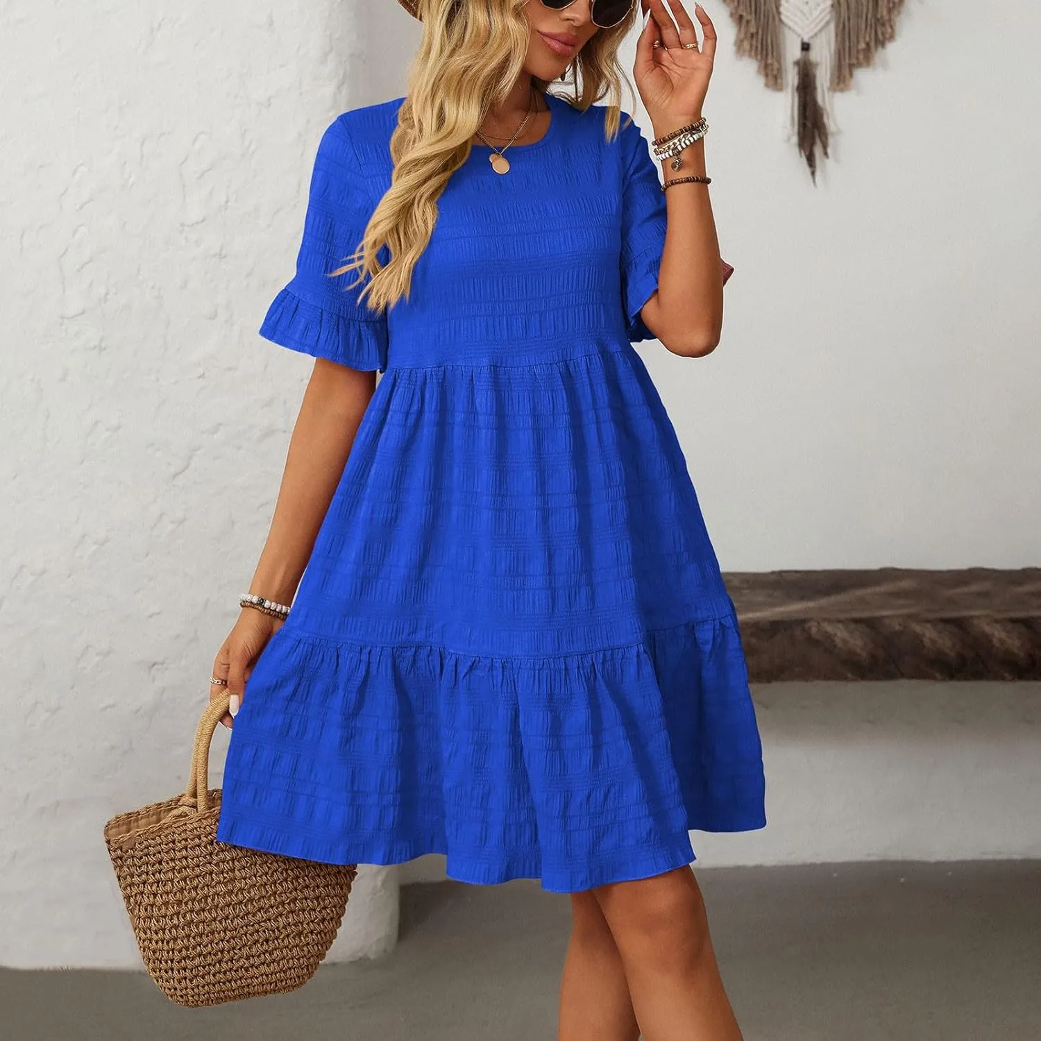 Womens Summer Ruffle Sleeve Mini Dress Crew Neck A Line Lightweight Soft Solid Casual Baby Dolls Short Dresses